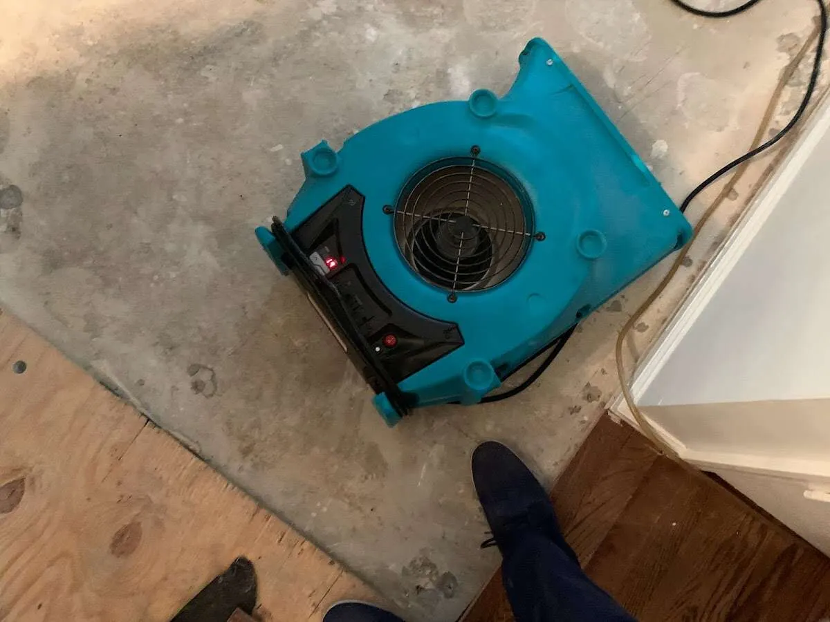 Air mover drying subfloor during Commercial Water Damage Restoration in Hitchcock